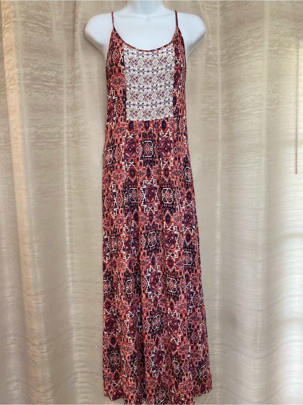 Altar’d State Red Geometry Patterned Maxi Dress with Spaghetti Straps And Tie L